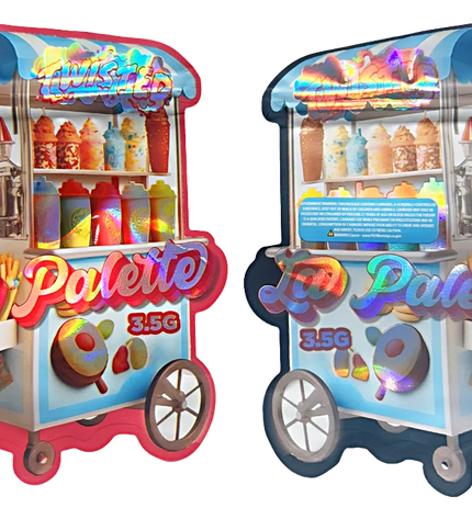 Shaped Mylar bag 3.5g, herb Mylar Bags, Where to buy mylar bags, Custom mylar bags near me, Mylar Bags Wholesale. Two colorful La Palette candy carts on a white background