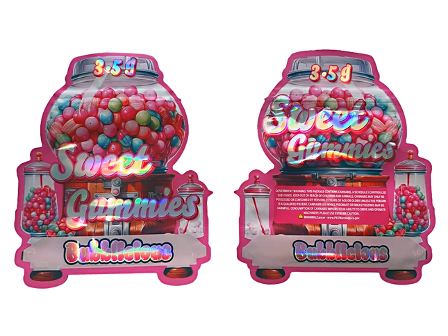 Shaped Mylar bag 3.5g, herb Mylar Bags, Where to buy mylar bags, Custom mylar bags near me, Mylar Bags Wholesale. Two pink gumball machines filled with colorful gummy bears on a white background.