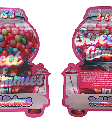 Shaped Mylar bag 3.5g, herb Mylar Bags, Where to buy mylar bags, Custom mylar bags near me, Mylar Bags Wholesale. Two pink gumball machines filled with colorful gummy bears on a white background.
