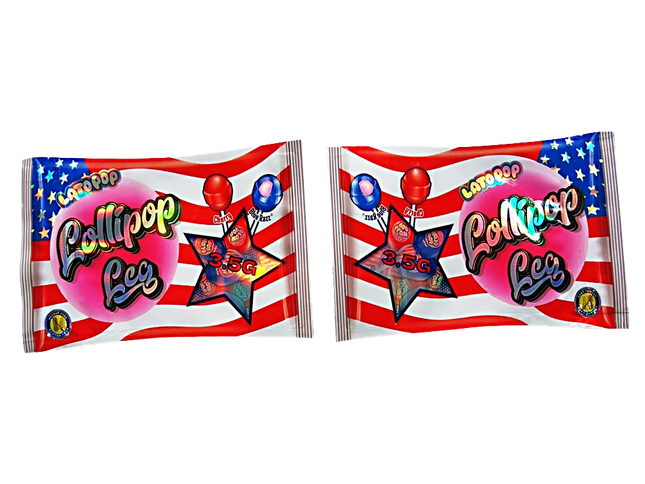 Shaped Mylar bag 3.5g, herb Mylar Bags, Where to buy mylar bags, Custom mylar bags near me, Mylar Bags Wholesale. Two packages of Lollipop Lee candy with American flag design