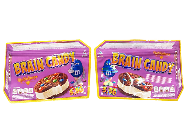Mylar bag 3.5g, herb Mylar Bags, Where to buy mylar bags, Custom mylar bags near me, Mylar Bags Wholesale. Two packages of Brain Candy candy with colorful packaging and product images.