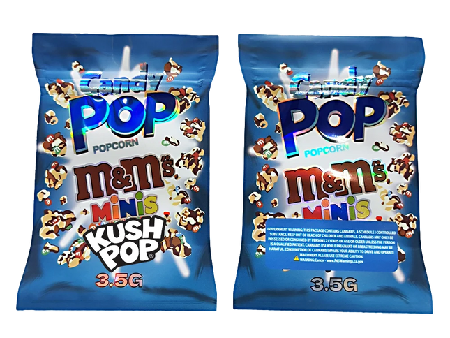 Two Mylar Bag packages of M&M's Popcorn Minis Kush Pop on a white background