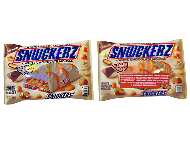 Two Mylar Bag packages of Snickerz candy bars with different flavors on a white background.
