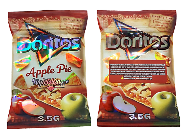 Mylar bag 3.5g, herb Mylar Bags, Where to buy mylar bags, Custom mylar bags near me, Mylar Bags Wholesale. Two packages of Doritos Apple Pie flavored chips with apple graphics on the packaging.