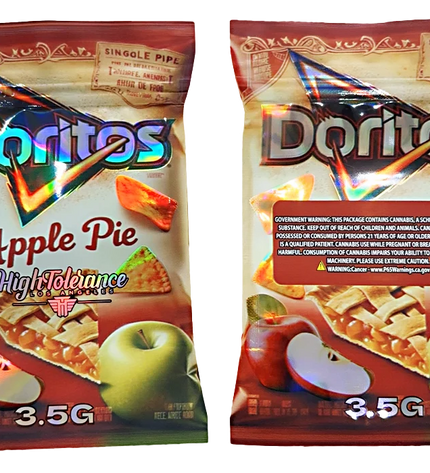 Mylar bag 3.5g, herb Mylar Bags, Where to buy mylar bags, Custom mylar bags near me, Mylar Bags Wholesale. Two packages of Doritos Apple Pie flavored chips with apple graphics on the packaging.