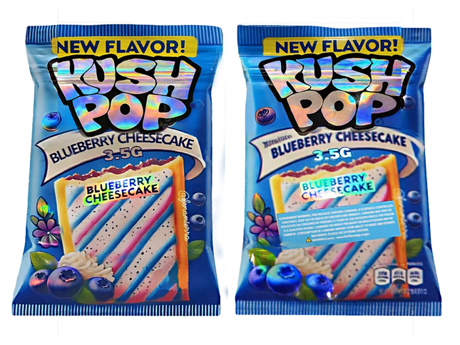 Two Mylar Bag packages of Rush Pop Blueberry Cheesecake flavor on a white background