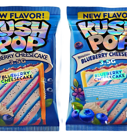 Two Mylar Bag packages of Rush Pop Blueberry Cheesecake flavor on a white background