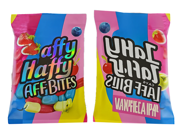 50 Pack 3.5g Shaped Mylar Bags – Candy Laff Bites Graphic