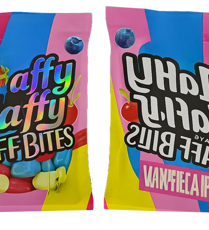 50 Pack 3.5g Shaped Mylar Bags – Candy Laff Bites Graphic