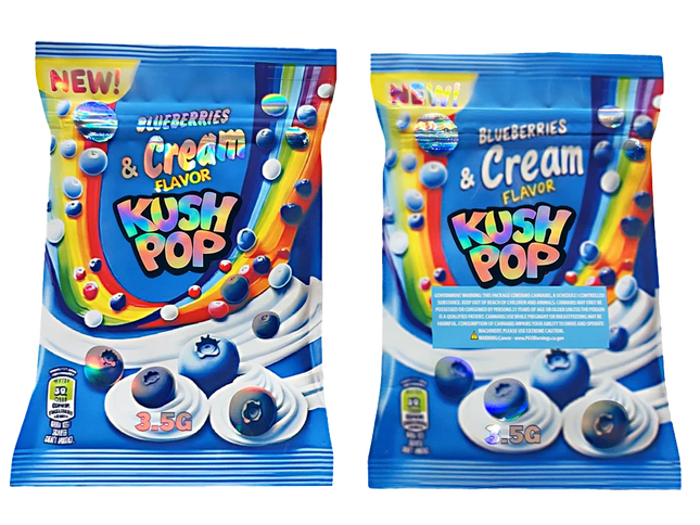 Two Mylar Bag packages of Blueberries & Cream Flavor Kush Pop on a white background