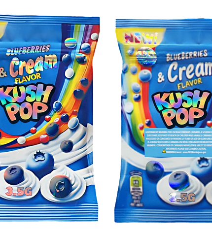 Two Mylar Bag packages of Blueberries & Cream Flavor Kush Pop on a white background