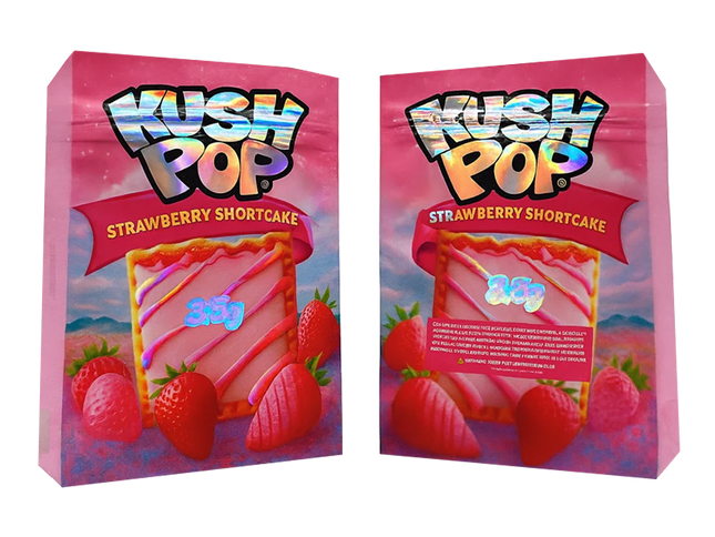 Two Mylar Bag packages of Kush Pop Strawberry Shortcake with colorful text and graphics.