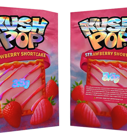 Two Mylar Bag packages of Kush Pop Strawberry Shortcake with colorful text and graphics.