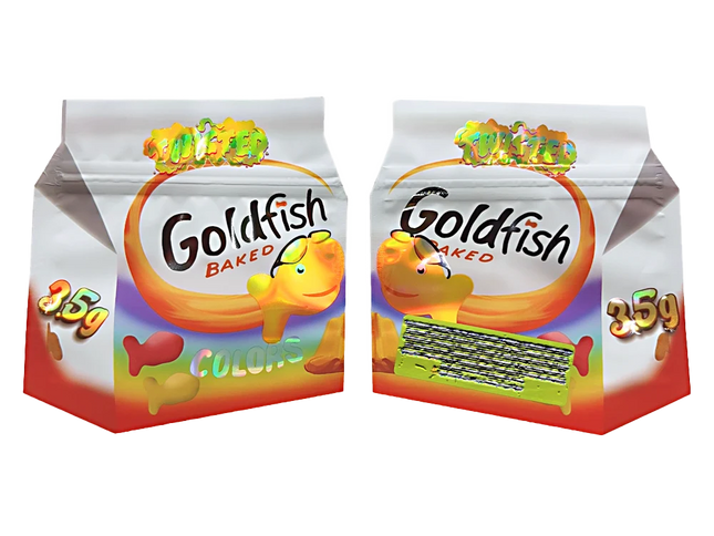 50 Pack 3.5g Shaped Mylar Bags – Goldfish Graphic