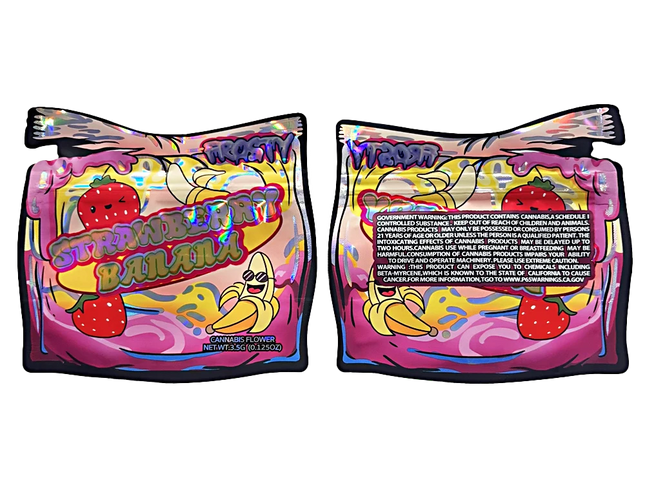 Mylar bag 3.5g, herb Mylar Bags, Where to buy mylar bags, Custom mylar bags near me, Mylar Bags Wholesale. Two colorful packages labeled 'Strawberry Banana' with cartoon characters on a white background.