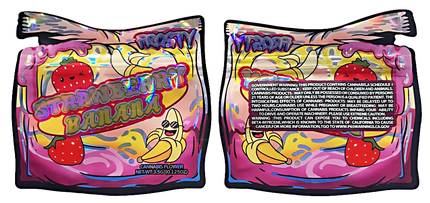 Mylar bag 3.5g, herb Mylar Bags, Where to buy mylar bags, Custom mylar bags near me, Mylar Bags Wholesale. Two colorful packages labeled 'Strawberry Banana' with cartoon characters on a white background.