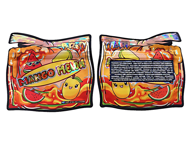 50 Pack 3.5g Shaped Mylar Bags – Frosty Mango Melon Graphic