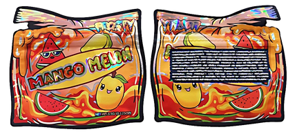 50 Pack 3.5g Shaped Mylar Bags – Frosty Mango Melon Graphic