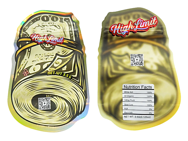 Mylar bag 3.5g, herb Mylar Bags, Where to buy mylar bags, Custom mylar bags near me, Mylar Bags Wholesale. Two packages of 'High Limit' product with visible branding and nutritional information.