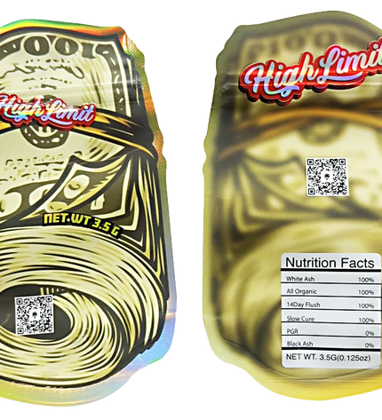 Mylar bag 3.5g, herb Mylar Bags, Where to buy mylar bags, Custom mylar bags near me, Mylar Bags Wholesale. Two packages of 'High Limit' product with visible branding and nutritional information.
