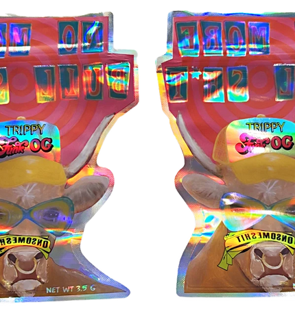 Mylar bag 3.5g, herb Mylar Bags, Where to buy mylar bags, Custom mylar bags near me, Mylar Bags Wholesale. Two Trippy Doo OG packages with a bear graphic on a white background