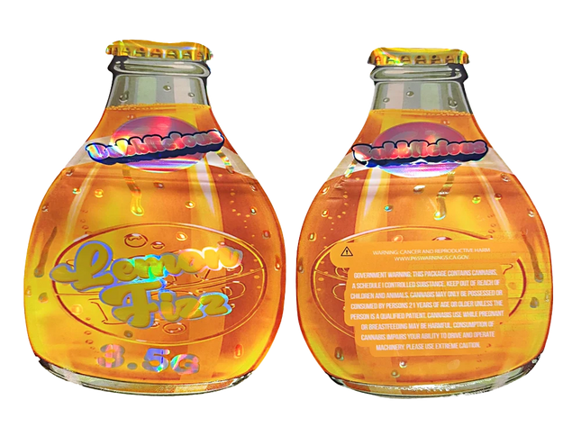 Mylar bag 3.5g, herb Mylar Bags, Where to buy mylar bags, Custom mylar bags near me, Mylar Bags Wholesale. Two bottles of Lemon Fizz with colorful labels on a white background