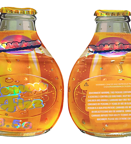 Mylar bag 3.5g, herb Mylar Bags, Where to buy mylar bags, Custom mylar bags near me, Mylar Bags Wholesale. Two bottles of Lemon Fizz with colorful labels on a white background