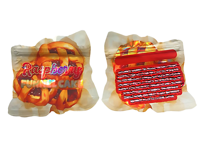 50 Pack 3.5g Shaped Mylar Bags – Raspberry Funnel Cake Graphic