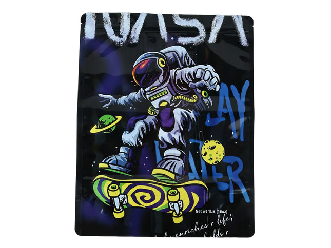 Mylar bag 1LB, herb Mylar Bags, Where to buy mylar bags, Custom mylar bags near me, Mylar Bags Wholesale. Packaging with an astronaut on a skateboard design, featuring space-themed elements.