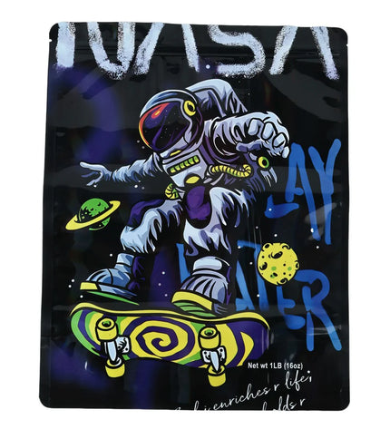 Mylar bag 1LB, herb Mylar Bags, Where to buy mylar bags, Custom mylar bags near me, Mylar Bags Wholesale. Packaging with an astronaut on a skateboard design, featuring space-themed elements.