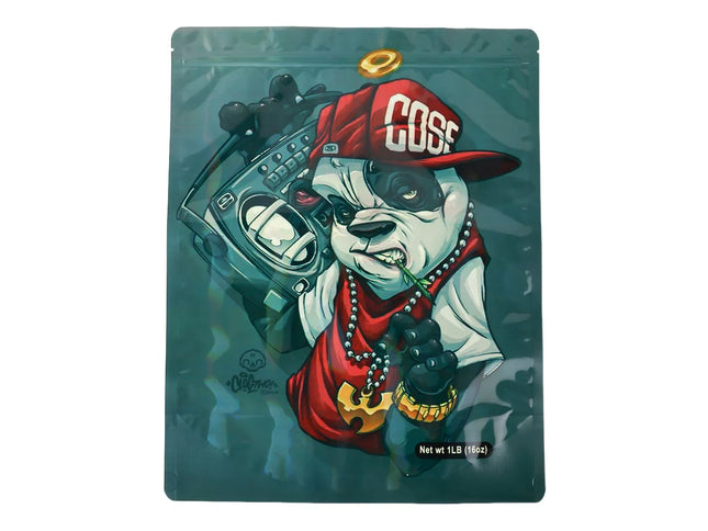 Mylar bag 1LB, herb Mylar Bags, Where to buy mylar bags, Custom mylar bags near me, Mylar Bags Wholesale. Drug packaging with a stylized panda bear wearing a red cap and smoking a cigarette.