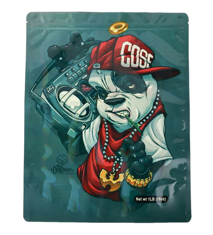 Mylar bag 1LB, herb Mylar Bags, Where to buy mylar bags, Custom mylar bags near me, Mylar Bags Wholesale. Drug packaging with a stylized panda bear wearing a red cap and smoking a cigarette.