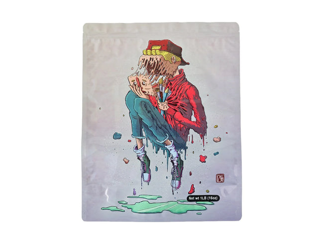 Mylar bag 1LB, herb Mylar Bags, Where to buy mylar bags, Custom mylar bags near me, Mylar Bags Wholesale. Artistic depiction of a person with a colorful, abstract design on a white background