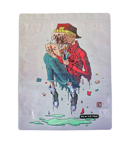 Mylar bag 1LB, herb Mylar Bags, Where to buy mylar bags, Custom mylar bags near me, Mylar Bags Wholesale. Artistic depiction of a person with a colorful, abstract design on a white background