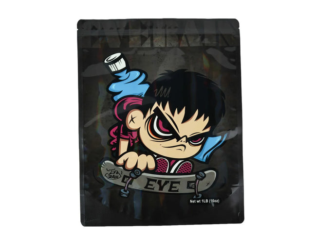 Mylar bag 1LB, herb Mylar Bags, Where to buy mylar bags, Custom mylar bags near me, Mylar Bags Wholesale. Black packaging with a cartoon character and 'EYE' branding on a white background