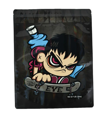Mylar bag 1LB, herb Mylar Bags, Where to buy mylar bags, Custom mylar bags near me, Mylar Bags Wholesale. Black packaging with a cartoon character and 'EYE' branding on a white background