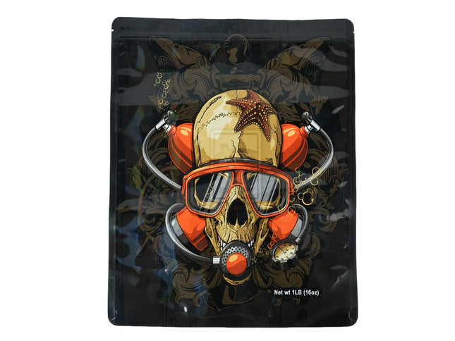 Mylar bag 1LB, herb Mylar Bags, Where to buy mylar bags, Custom mylar bags near me, Mylar Bags Wholesale. Decorative packaging with a skull design wearing goggles and surrounded by orange elements on a black background.