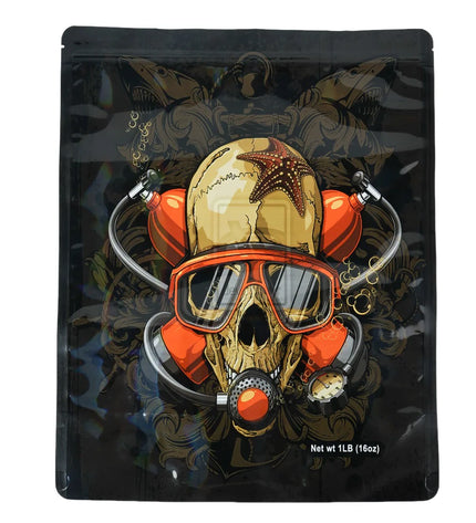Mylar bag 1LB, herb Mylar Bags, Where to buy mylar bags, Custom mylar bags near me, Mylar Bags Wholesale. Decorative packaging with a skull design wearing goggles and surrounded by orange elements on a black background.