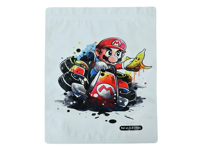 Mylar bag 1LB, herb Mylar Bags, Where to buy mylar bags, Custom mylar bags near me, Mylar Bags Wholesale. Character in a racing kart holding a banana on a white background