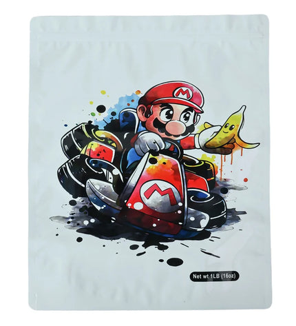 Mylar bag 1LB, herb Mylar Bags, Where to buy mylar bags, Custom mylar bags near me, Mylar Bags Wholesale. Character in a racing kart holding a banana on a white background