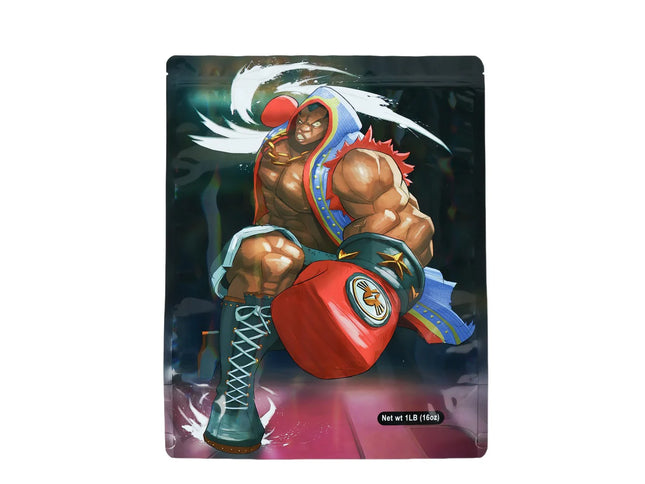 Mylar bag 1LB, herb Mylar Bags, Where to buy mylar bags, Custom mylar bags near me, Mylar Bags Wholesale. Character with boxing glove on a product packaging