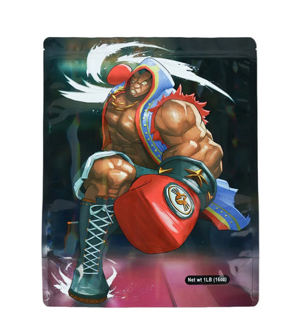 Mylar bag 1LB, herb Mylar Bags, Where to buy mylar bags, Custom mylar bags near me, Mylar Bags Wholesale. Character with boxing glove on a product packaging