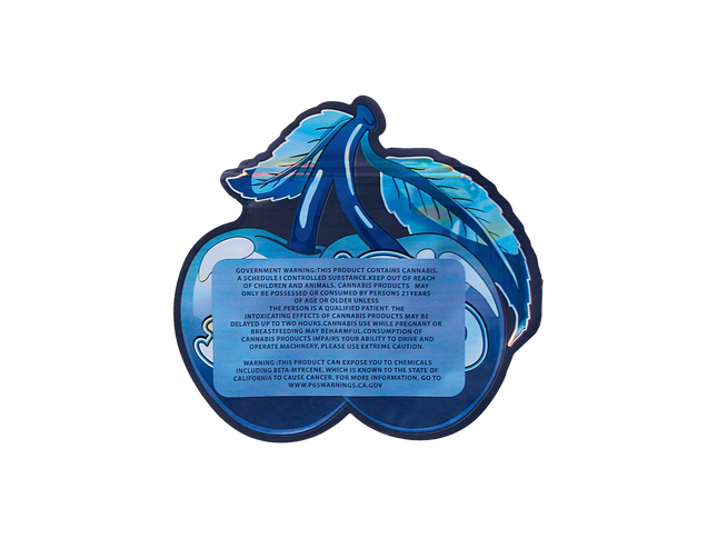 Mylar Bag Blue feathered product packaging with warning label on a white background
