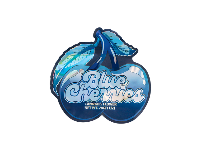 Mylar Bag Blue Cherries herb flower packaging on a white background