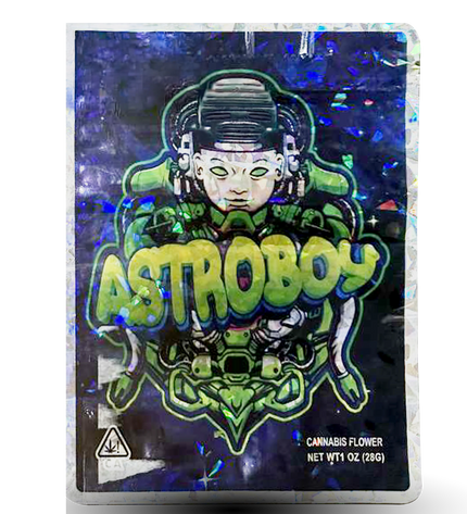 Mylar Bag herb packaging with Astroboy design on a white background