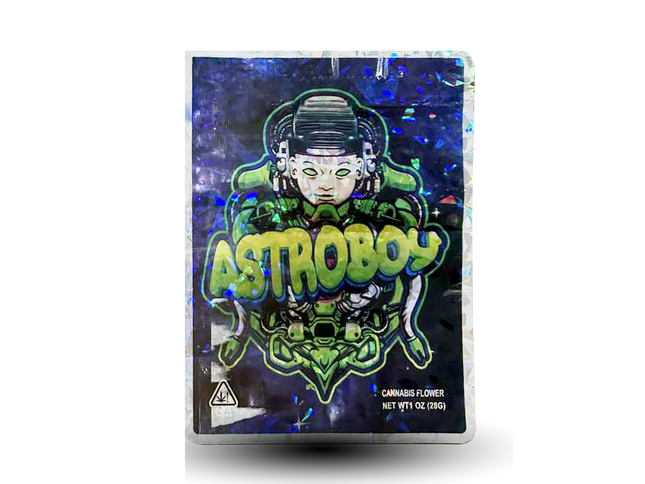 Mylar Bag herb packaging with Astroboy design on a white background