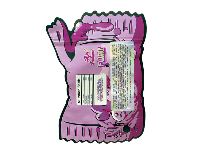 Mylar Bag Pink flamingo-shaped packaging with a label on a white background