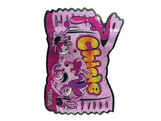 Mylar Bag Colorful packaging of a candy product with cartoon characters on a white background