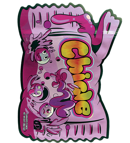 Mylar Bag Colorful packaging of a candy product with cartoon characters on a white background