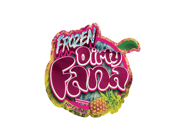 Mylar Bag Colorful logo with 'Frozen Dirty Fana' text and herbflower design on a white background